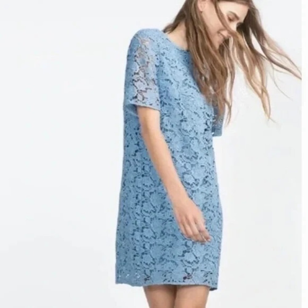 Zara Crochet Lace short sleeve Blue Midi short sleeve  Dress